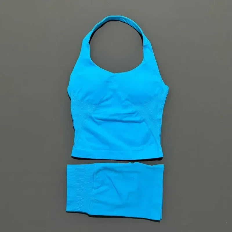 2 Pcs  Halter Top Strappy Bra Shorts Set Women Yoga Workout Clothes Seamless Vest Hip-Lifting Sports Leggings Gym Suit