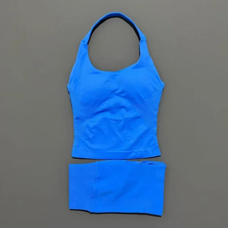 2 Pcs  Halter Top Strappy Bra Shorts Set Women Yoga Workout Clothes Seamless Vest Hip-Lifting Sports Leggings Gym Suit