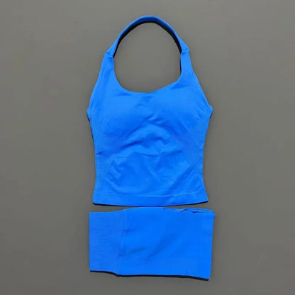 2 Pcs  Halter Top Strappy Bra Shorts Set Women Yoga Workout Clothes Seamless Vest Hip-Lifting Sports Leggings Gym Suit