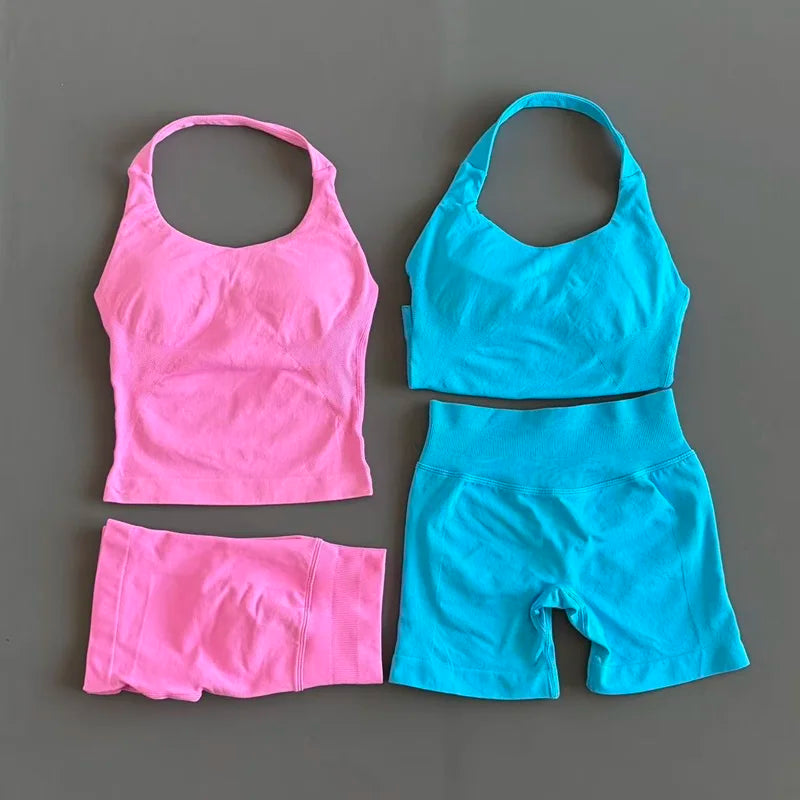2 Pcs  Halter Top Strappy Bra Shorts Set Women Yoga Workout Clothes Seamless Vest Hip-Lifting Sports Leggings Gym Suit