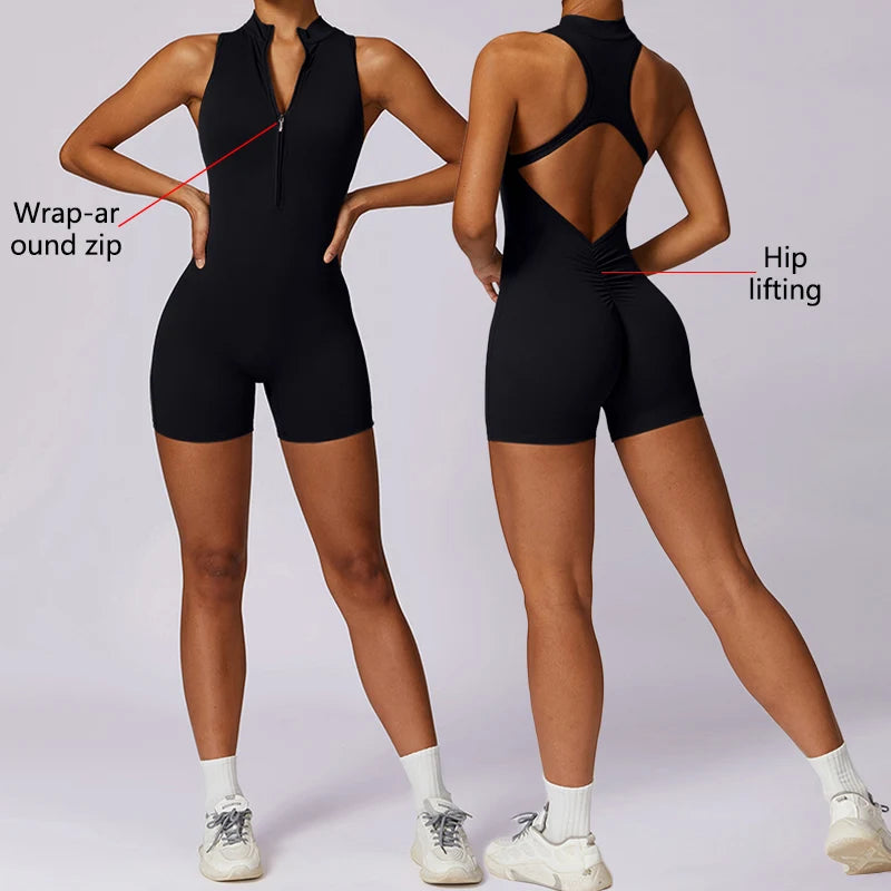 Backless Fitness Jumpsuit Short Women Sports Yoga Sets Zipper Gym Workout Overalls Female Sleeveless Sexy Sporty Suits