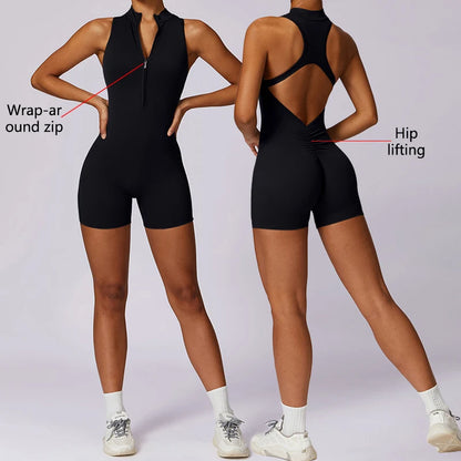 Backless Fitness Jumpsuit Short Women Sports Yoga Sets Zipper Gym Workout Overalls Female Sleeveless Sexy Sporty Suits