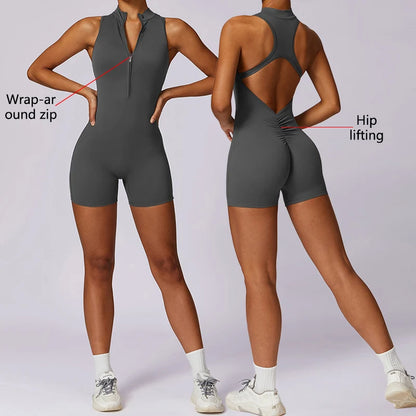 Backless Fitness Jumpsuit Short Women Sports Yoga Sets Zipper Gym Workout Overalls Female Sleeveless Sexy Sporty Suits