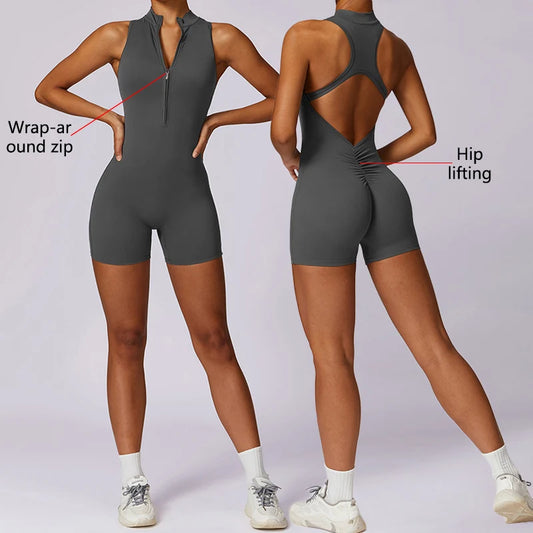 Backless Fitness Jumpsuit Short Women Sports Yoga Sets Zipper Gym Workout Overalls Female Sleeveless Sexy Sporty Suits