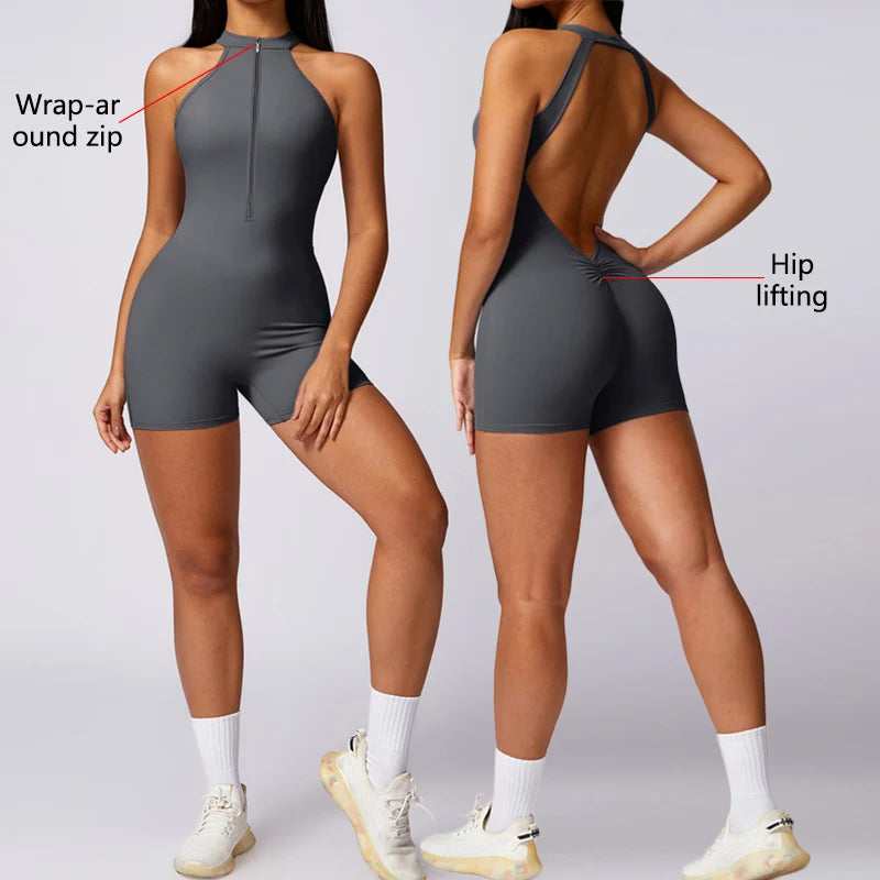 Backless Fitness Jumpsuit Short Women Sports Yoga Sets Zipper Gym Workout Overalls Female Sleeveless Sexy Sporty Suits
