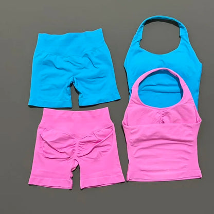 2 Pcs  Halter Top Strappy Bra Shorts Set Women Yoga Workout Clothes Seamless Vest Hip-Lifting Sports Leggings Gym Suit