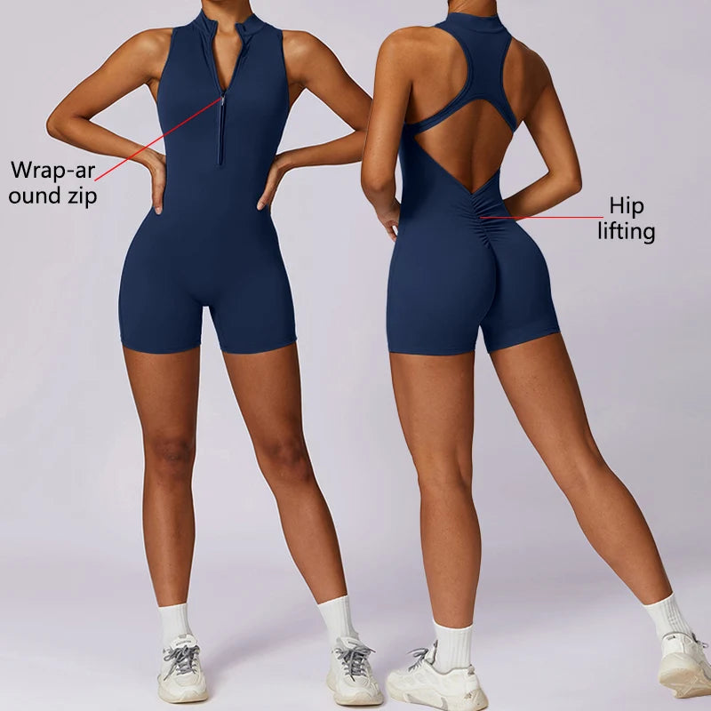 Backless Fitness Jumpsuit Short Women Sports Yoga Sets Zipper Gym Workout Overalls Female Sleeveless Sexy Sporty Suits