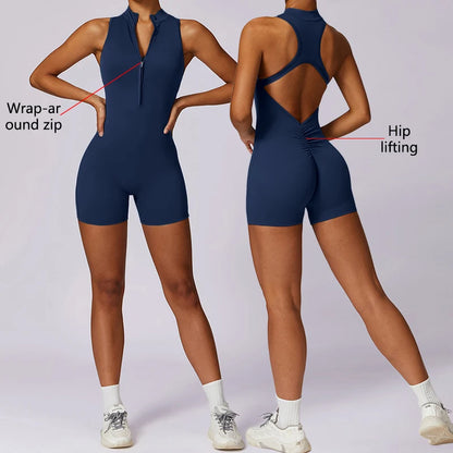 Backless Fitness Jumpsuit Short Women Sports Yoga Sets Zipper Gym Workout Overalls Female Sleeveless Sexy Sporty Suits