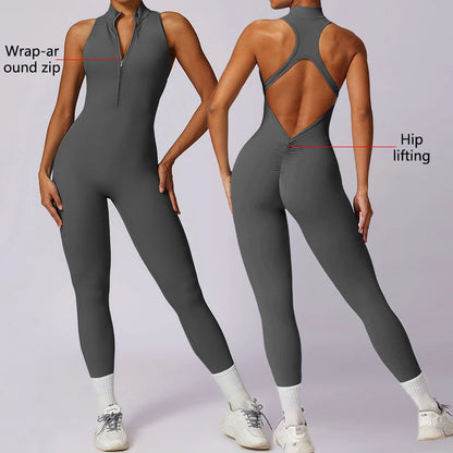 Backless Fitness Jumpsuit Short Women Sports Yoga Sets Zipper Gym Workout Overalls Female Sleeveless Sexy Sporty Suits