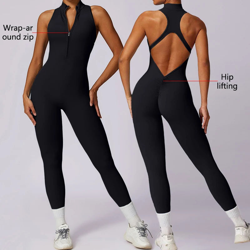 Backless Fitness Jumpsuit Short Women Sports Yoga Sets Zipper Gym Workout Overalls Female Sleeveless Sexy Sporty Suits