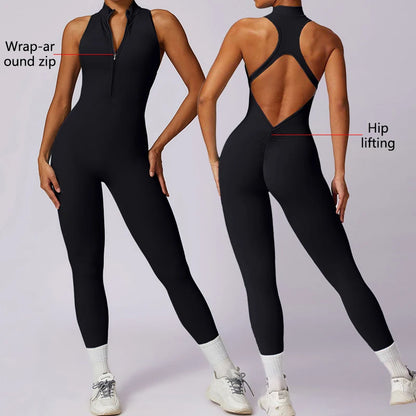 Backless Fitness Jumpsuit Short Women Sports Yoga Sets Zipper Gym Workout Overalls Female Sleeveless Sexy Sporty Suits