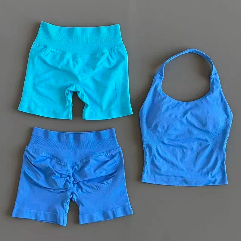 2 Pcs  Halter Top Strappy Bra Shorts Set Women Yoga Workout Clothes Seamless Vest Hip-Lifting Sports Leggings Gym Suit