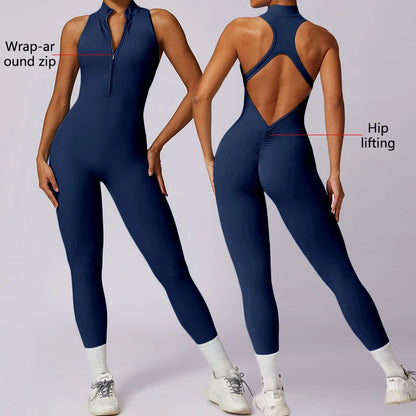 Backless Fitness Jumpsuit Short Women Sports Yoga Sets Zipper Gym Workout Overalls Female Sleeveless Sexy Sporty Suits