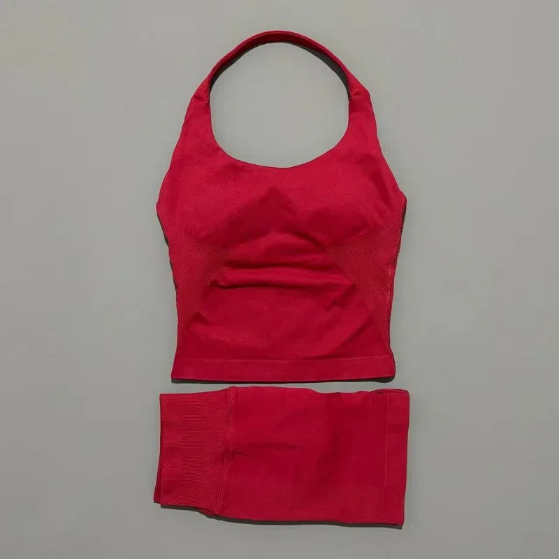 2 Pcs  Halter Top Strappy Bra Shorts Set Women Yoga Workout Clothes Seamless Vest Hip-Lifting Sports Leggings Gym Suit