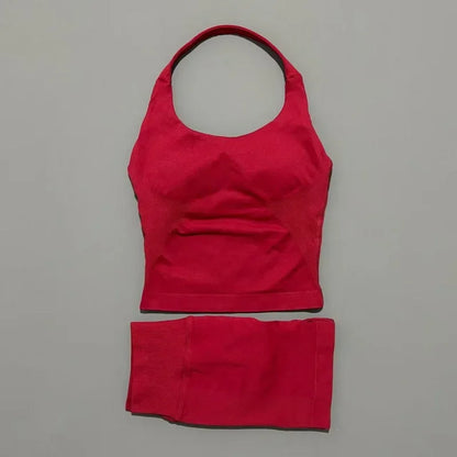 2 Pcs  Halter Top Strappy Bra Shorts Set Women Yoga Workout Clothes Seamless Vest Hip-Lifting Sports Leggings Gym Suit