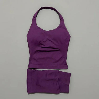2 Pcs  Halter Top Strappy Bra Shorts Set Women Yoga Workout Clothes Seamless Vest Hip-Lifting Sports Leggings Gym Suit