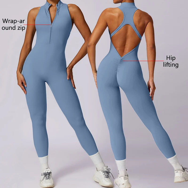 Backless Fitness Jumpsuit Short Women Sports Yoga Sets Zipper Gym Workout Overalls Female Sleeveless Sexy Sporty Suits
