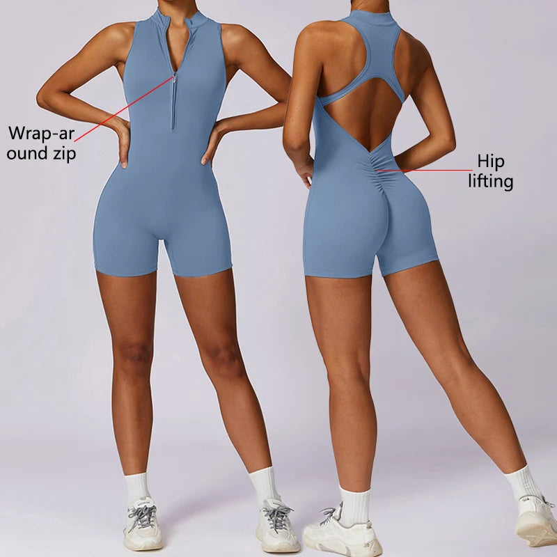 Backless Fitness Jumpsuit Short Women Sports Yoga Sets Zipper Gym Workout Overalls Female Sleeveless Sexy Sporty Suits