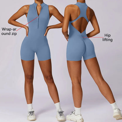 Backless Fitness Jumpsuit Short Women Sports Yoga Sets Zipper Gym Workout Overalls Female Sleeveless Sexy Sporty Suits
