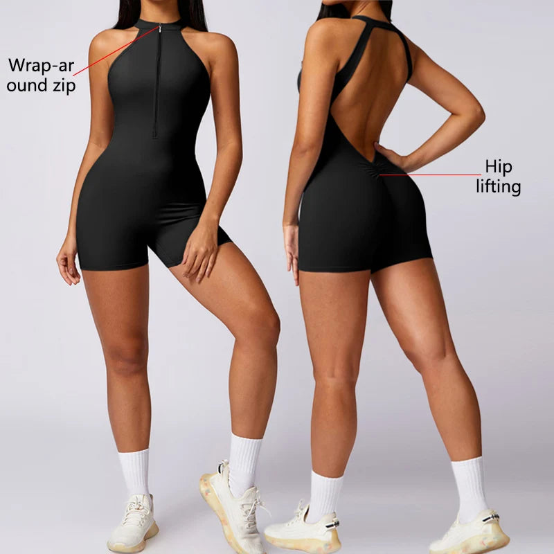 Backless Fitness Jumpsuit Short Women Sports Yoga Sets Zipper Gym Workout Overalls Female Sleeveless Sexy Sporty Suits