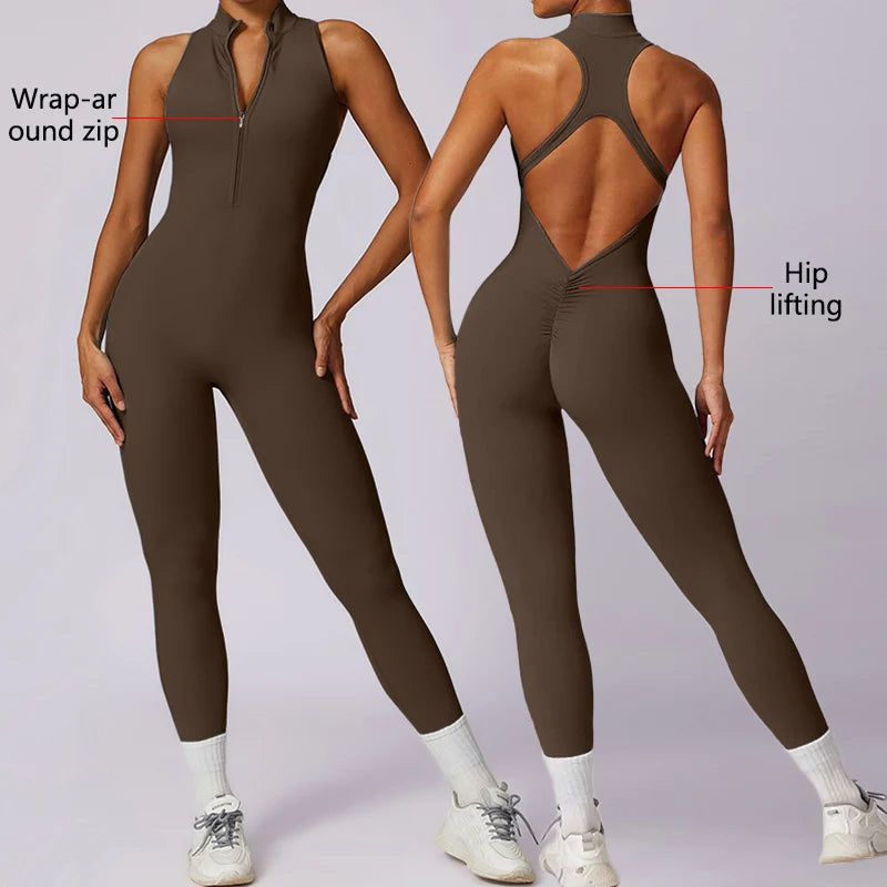Backless Fitness Jumpsuit Short Women Sports Yoga Sets Zipper Gym Workout Overalls Female Sleeveless Sexy Sporty Suits