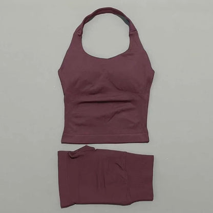 2 Pcs  Halter Top Strappy Bra Shorts Set Women Yoga Workout Clothes Seamless Vest Hip-Lifting Sports Leggings Gym Suit
