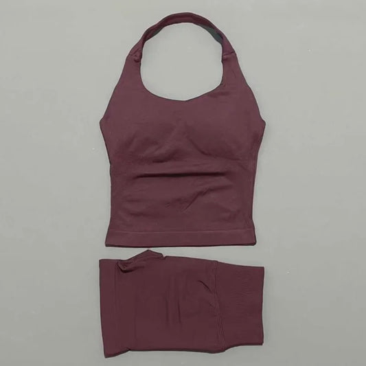 2 Pcs  Halter Top Strappy Bra Shorts Set Women Yoga Workout Clothes Seamless Vest Hip-Lifting Sports Leggings Gym Suit