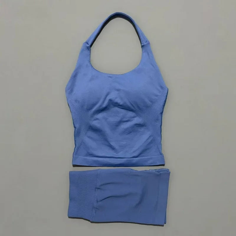 2 Pcs  Halter Top Strappy Bra Shorts Set Women Yoga Workout Clothes Seamless Vest Hip-Lifting Sports Leggings Gym Suit