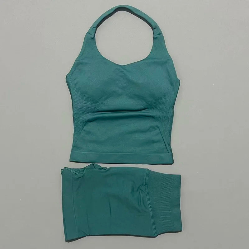 2 Pcs  Halter Top Strappy Bra Shorts Set Women Yoga Workout Clothes Seamless Vest Hip-Lifting Sports Leggings Gym Suit