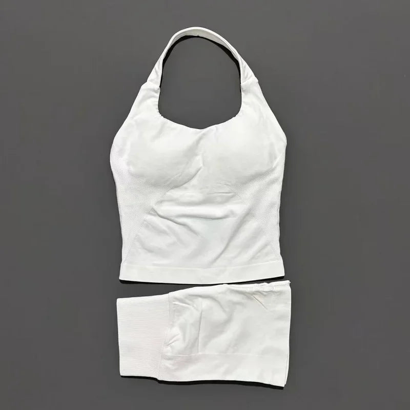 2 Pcs  Halter Top Strappy Bra Shorts Set Women Yoga Workout Clothes Seamless Vest Hip-Lifting Sports Leggings Gym Suit