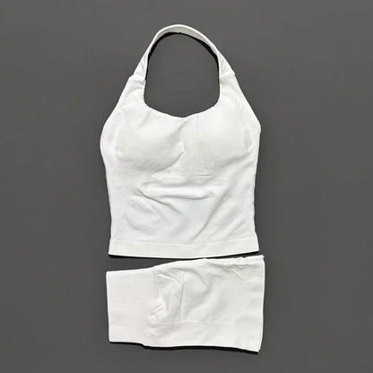 2 Pcs  Halter Top Strappy Bra Shorts Set Women Yoga Workout Clothes Seamless Vest Hip-Lifting Sports Leggings Gym Suit