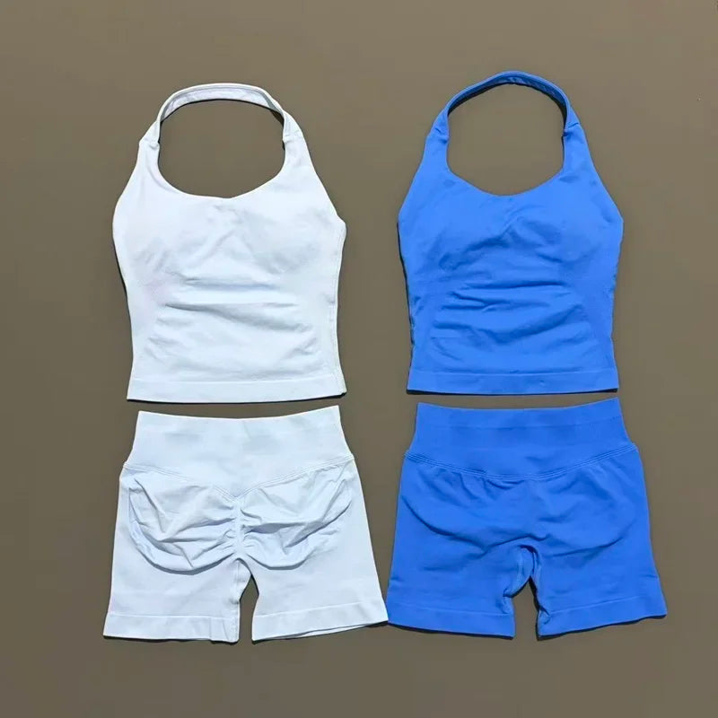 2 Pcs  Halter Top Strappy Bra Shorts Set Women Yoga Workout Clothes Seamless Vest Hip-Lifting Sports Leggings Gym Suit