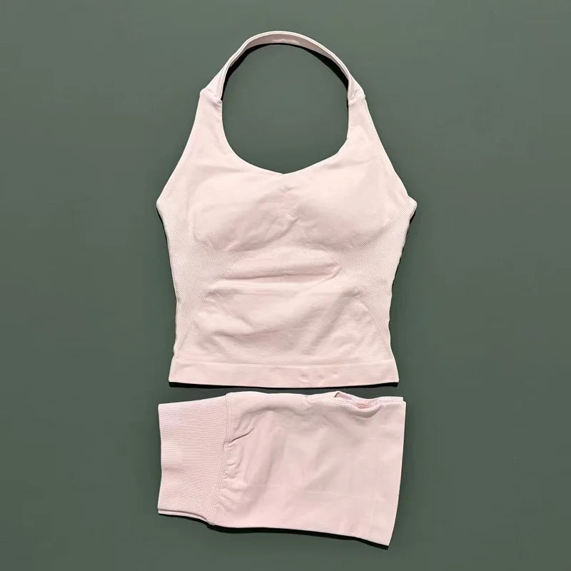 2 Pcs  Halter Top Strappy Bra Shorts Set Women Yoga Workout Clothes Seamless Vest Hip-Lifting Sports Leggings Gym Suit