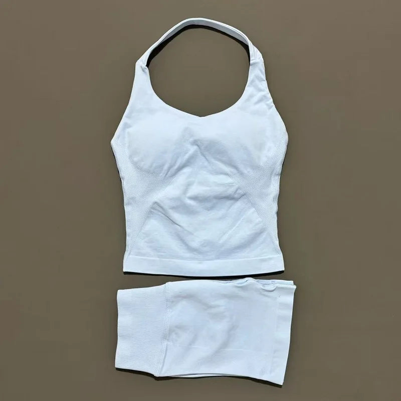 2 Pcs  Halter Top Strappy Bra Shorts Set Women Yoga Workout Clothes Seamless Vest Hip-Lifting Sports Leggings Gym Suit