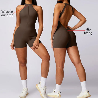 Backless Fitness Jumpsuit Short Women Sports Yoga Sets Zipper Gym Workout Overalls Female Sleeveless Sexy Sporty Suits
