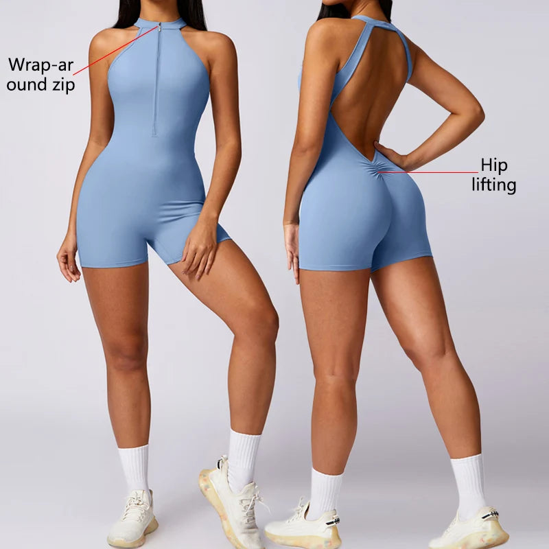 Backless Fitness Jumpsuit Short Women Sports Yoga Sets Zipper Gym Workout Overalls Female Sleeveless Sexy Sporty Suits