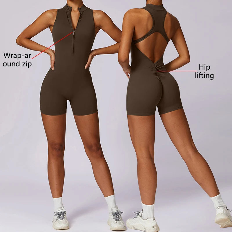 Backless Fitness Jumpsuit Short Women Sports Yoga Sets Zipper Gym Workout Overalls Female Sleeveless Sexy Sporty Suits