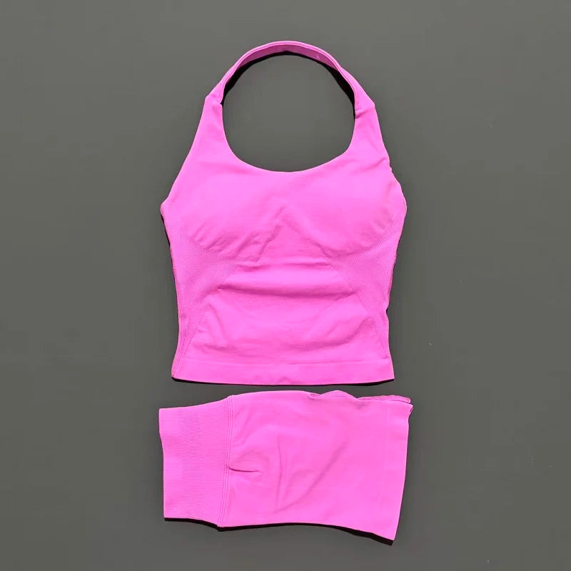 2 Pcs  Halter Top Strappy Bra Shorts Set Women Yoga Workout Clothes Seamless Vest Hip-Lifting Sports Leggings Gym Suit
