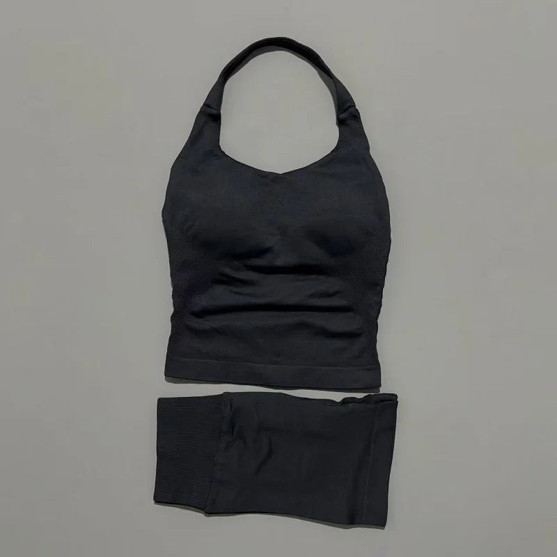 2 Pcs  Halter Top Strappy Bra Shorts Set Women Yoga Workout Clothes Seamless Vest Hip-Lifting Sports Leggings Gym Suit