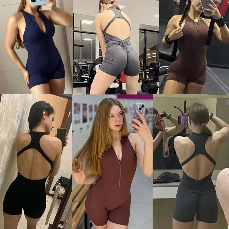 Backless Fitness Jumpsuit Short Women Sports Yoga Sets Zipper Gym Workout Overalls Female Sleeveless Sexy Sporty Suits