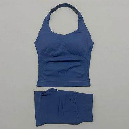 2 Pcs  Halter Top Strappy Bra Shorts Set Women Yoga Workout Clothes Seamless Vest Hip-Lifting Sports Leggings Gym Suit